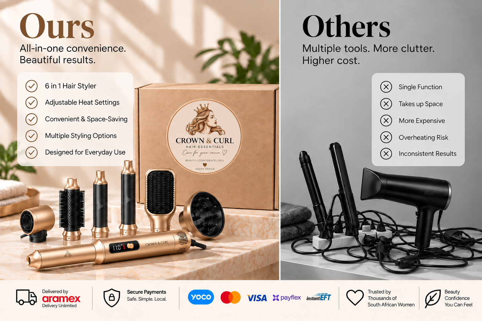 Crown & Curl 6-in-1 Hair Styler compared with multiple separate styling tools