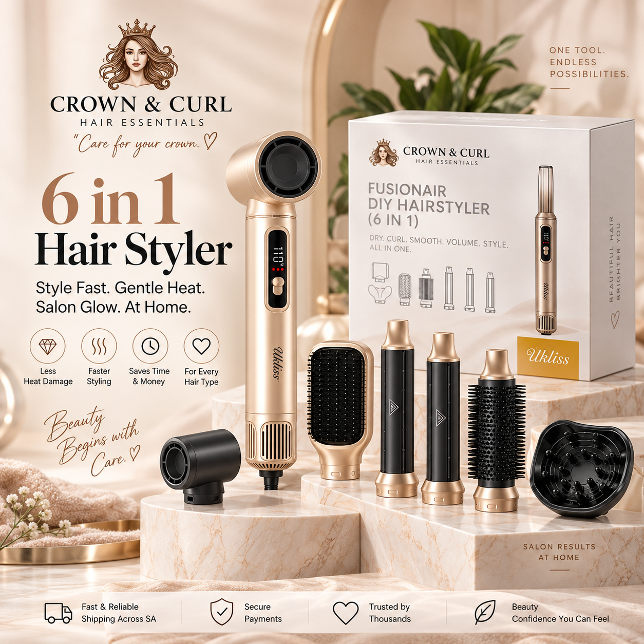 Crown & Curl 6-in-1 Hair Styler editorial product presentation