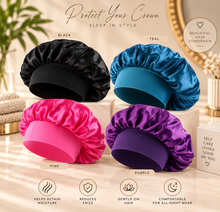 Crown & Curl satin sleep bonnets available in black, navy, coffee and khaki