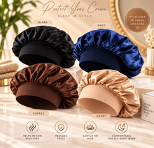 Crown & Curl satin sleep bonnets in black, teal, pink and purple