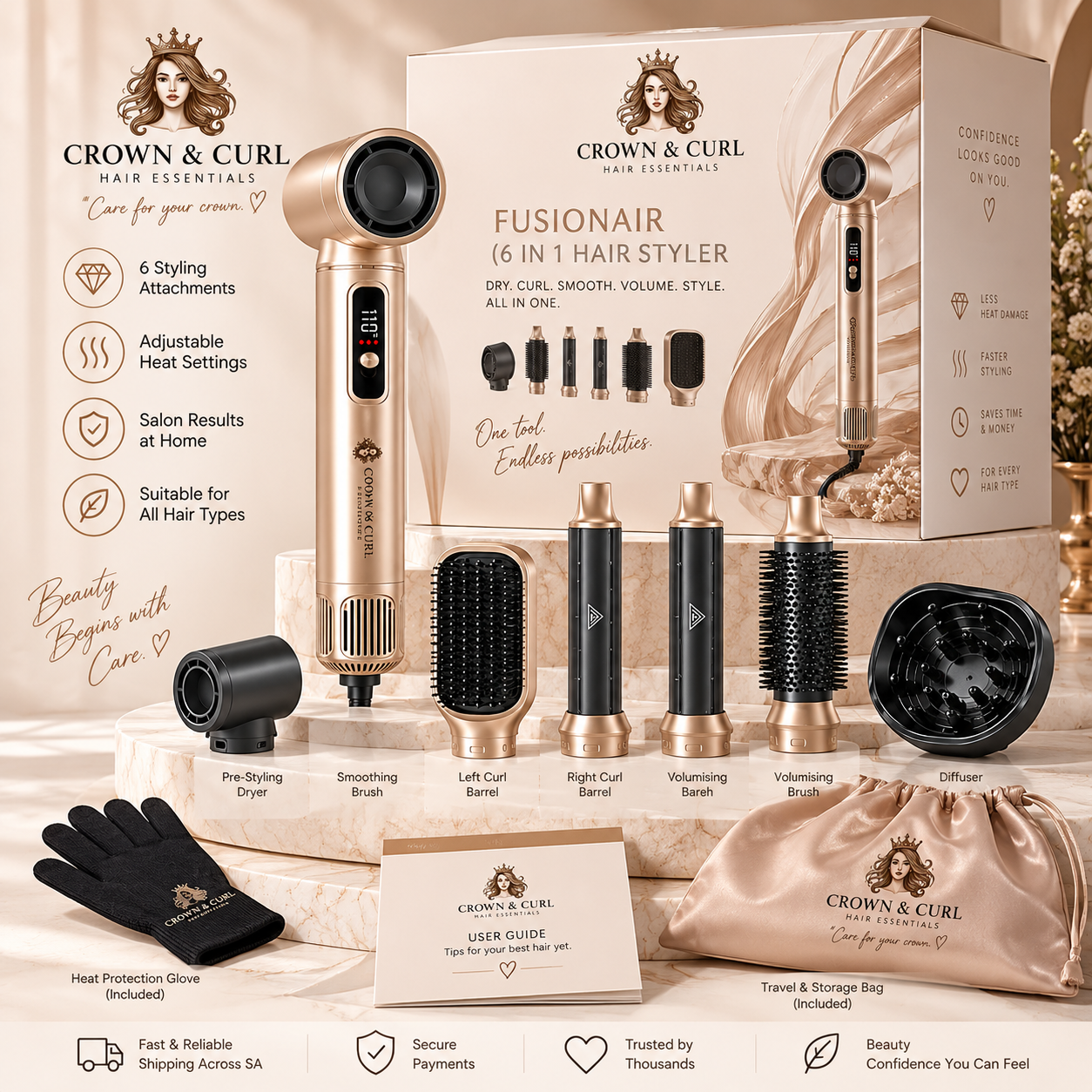 Crown & Curl 6-in-1 Hair Styler bundle and attachments
